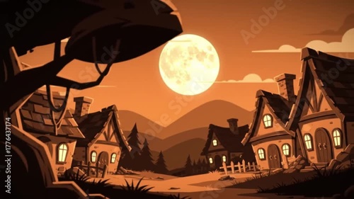 Cartoon village under full moon at night with mountain backdrop  