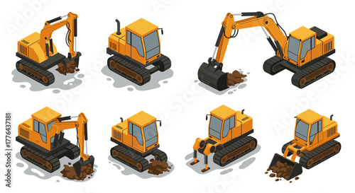 Set of isometric yellow excavators with shovel on white background