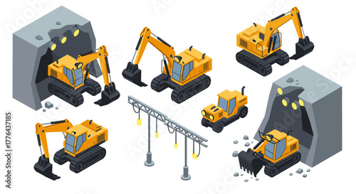 Isometric construction machinery with tunnel excavation scene for industrial projects