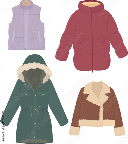 Set of four pieces of women's winter outerwear. Puffer, vest, cropped shearling jacket and parka