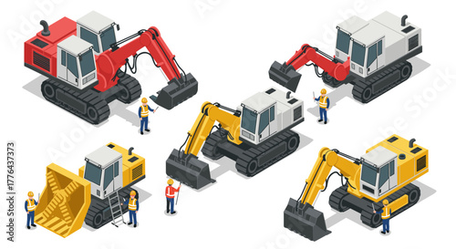 Isometric construction vehicles and workers: colorful heavy machinery set