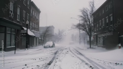 Snowy street during winter storm with low visibility and empty cars  