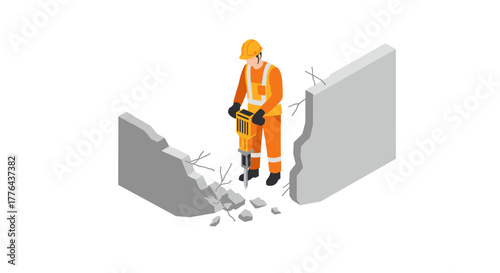 Construction worker operating jackhammer breaking concrete wall in isometric style