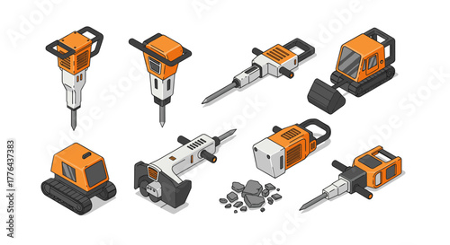 Isometric collection of construction tools and machinery in orange and gray