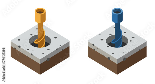 Isometric auger spiral drill bits in a cross section view of concrete and soil