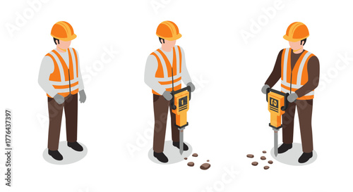 Construction workers using jackhammers in isometric style