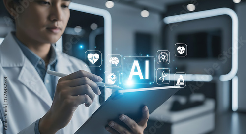 AI Doctor's Diagnosis: An AI powered virtual medicine diagnosis being used by a medical doctor, with advanced technology, digital icons, with a futuristic approach.