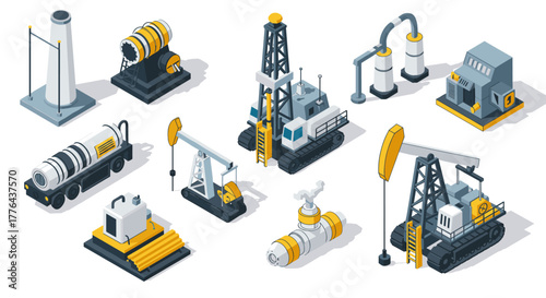 Industrial equipment in isometric style featuring oil rig and pipeline system
