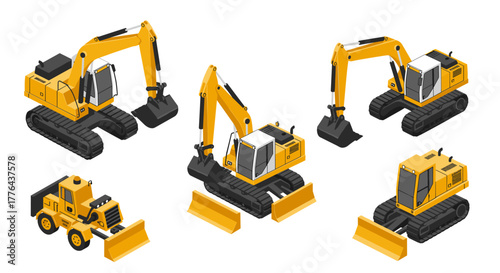 Set of isometric heavy construction vehicles: excavators and bulldozers