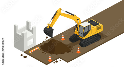 Isometric excavator digging construction site with barrier and cones