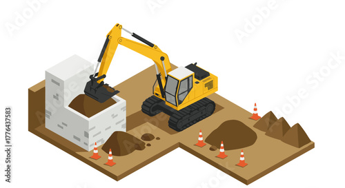 Isometric construction site with excavator and traffic cones