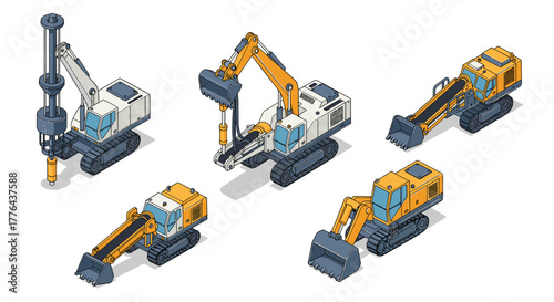 Isometric construction machinery set featuring excavators and drilling equipment