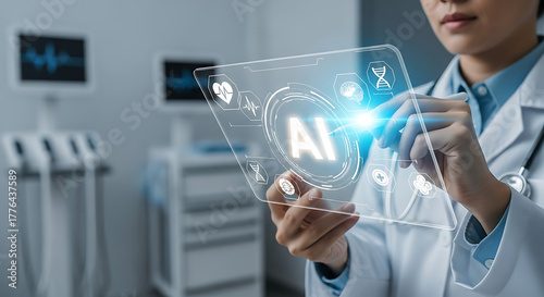 Medical Progress in AI: A professional medical practitioner interacting with an AI interface, highlighting the integration of artificial intelligence in healthcare