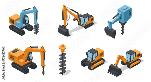 Isometric excavator icons with drills and buckets in construction equipment collection