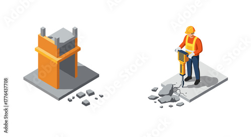 Construction worker in isometric style operating jackhammer next to building structure