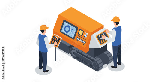 Engineers operating isometric industrial machine with gear interface