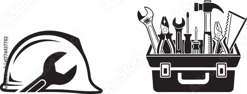 Monochromatic Engineering Tools and Safety Helmet Vector Graphics