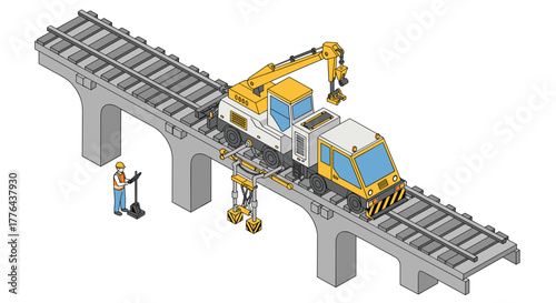 Isometric railway construction scene with crane on tracks and worker operating machinery