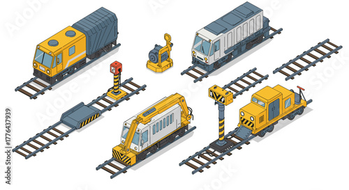 Isometric railway vehicles with tracks and signals in bright colors