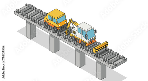 Isometric construction vehicles on elevated railway bridge