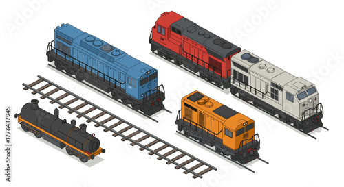 Isometric railway collection featuring colorful locomotives and rails