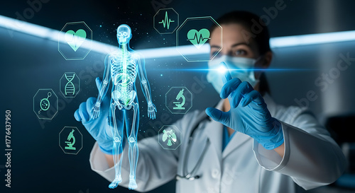 Medical Professional: A dedicated medical professional meticulously reviews medical data within a state-of-the-art laboratory environment, highlighting the convergence of technology and healthcare.