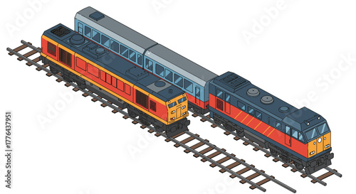Isometric train on tracks with locomotive and passenger carriages in vibrant colors