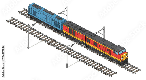 Isometric train on railway tracks with overhead wires in detailed 3d design