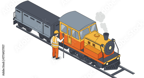 Colorful isometric train with conductor on railway track in a minimalist setting