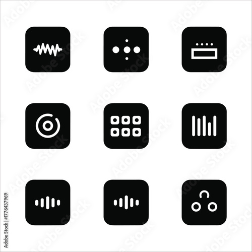 Assortment of nine black square icons with white symbols related to data, sound, and connectivity