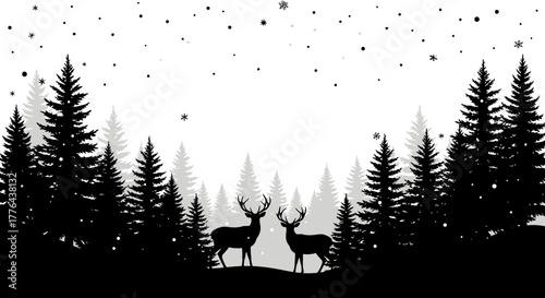 Silhouette of two deer standing in a snowy forest with pine trees and falling snowflakes.