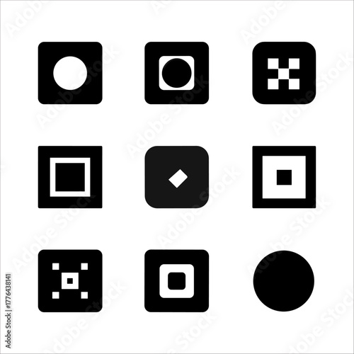 Set of nine black and white icons featuring circles, squares, and grids on a