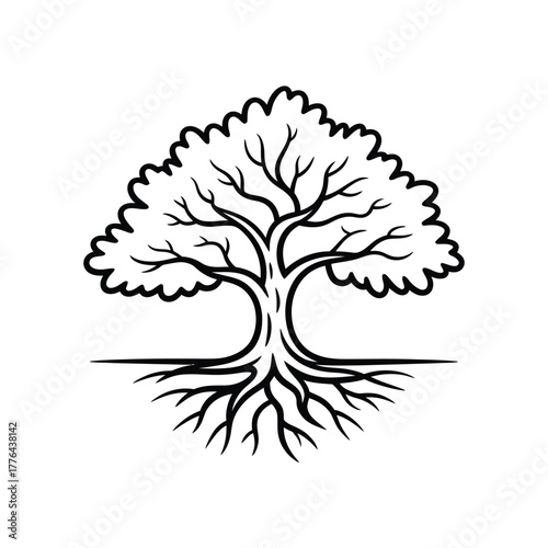 Stylized black and white drawing of a tree with prominent roots