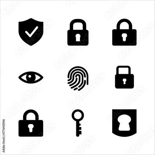 Set of security icons including shield, padlock, fingerprint, eye, key, and keyhole