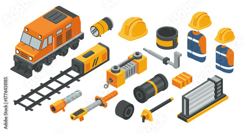 Isometric construction elements set with train, tools and safety gear