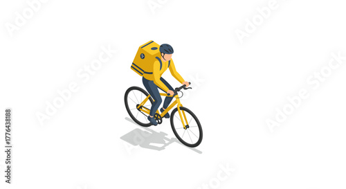 Delivery cyclist with helmet and backpack in isometric style on white background