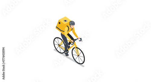 Isometric delivery cyclist with yellow backpack riding bicycle