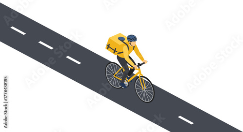 Isometric delivery cyclist on road with yellow backpack and helmet