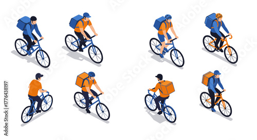 Diverse cyclists with backpacks in isometric style for delivery or leisure activities