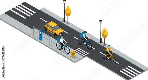 Urban cycling scene: isometric street with cyclists and cars