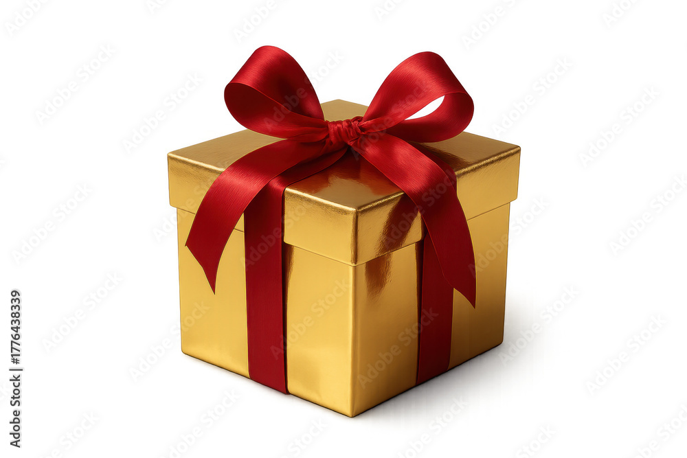 Fototapeta premium Gold gift box with red ribbon and bow, representing celebration, surprise, and holidays on transparent background