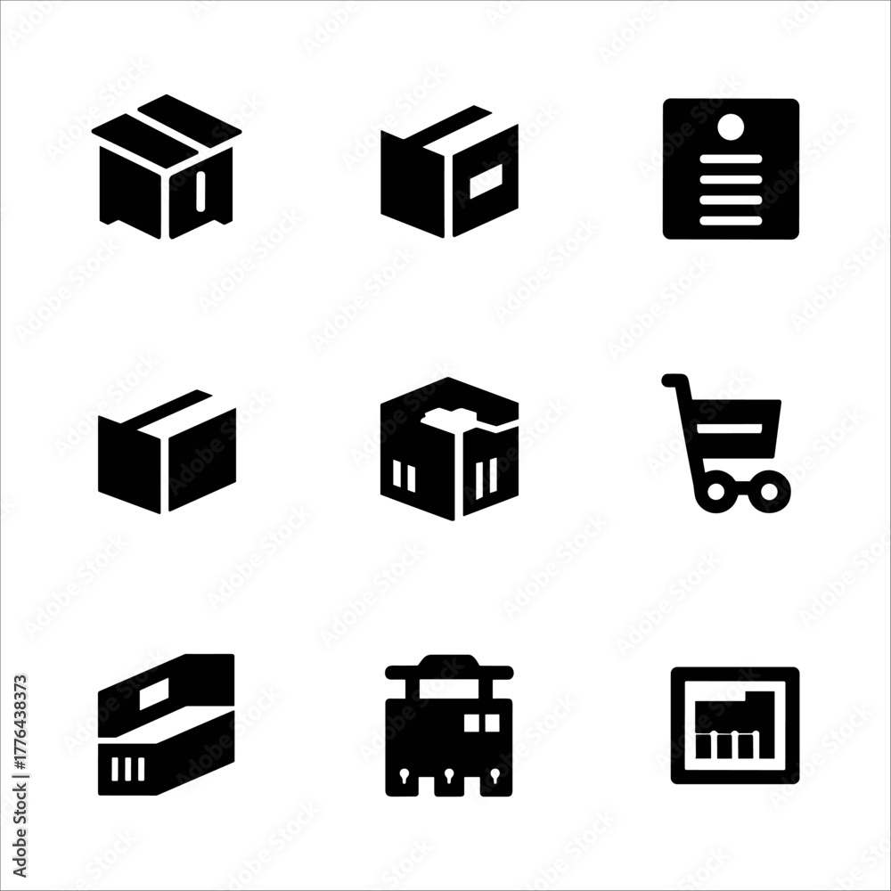 Fototapeta premium Assortment of nine black icons depicting packaging, shipping, and logistics elements on a