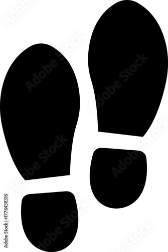 Footprint and shoe print icon in black flat style, including barefoot, boot, sneaker, trail, and walking track symbols, perfect outline and silhouette vector