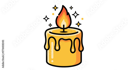 A bright yellow candle with dripping wax and a glowing flame, surrounded by sparkling stars.
