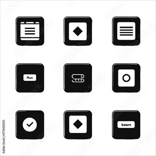 Collection of nine black square icons with white symbols representing various functions and data