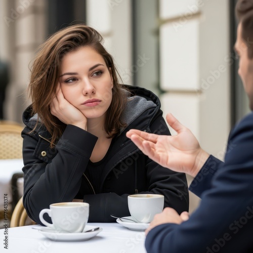 Woman looking bored and uninterested during a conversation at cafe
