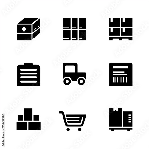 Collection of logistics and warehouse icons including boxes, forklift, shopping cart, and barcode scanner