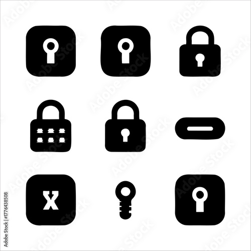 Set of black security and lock icons on a