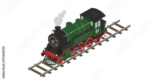 Isometric steam train on tracks with detailed green and black design