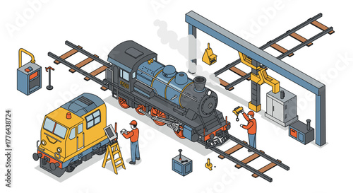 Isometric train maintenance scene with engineers and locomotive on tracks